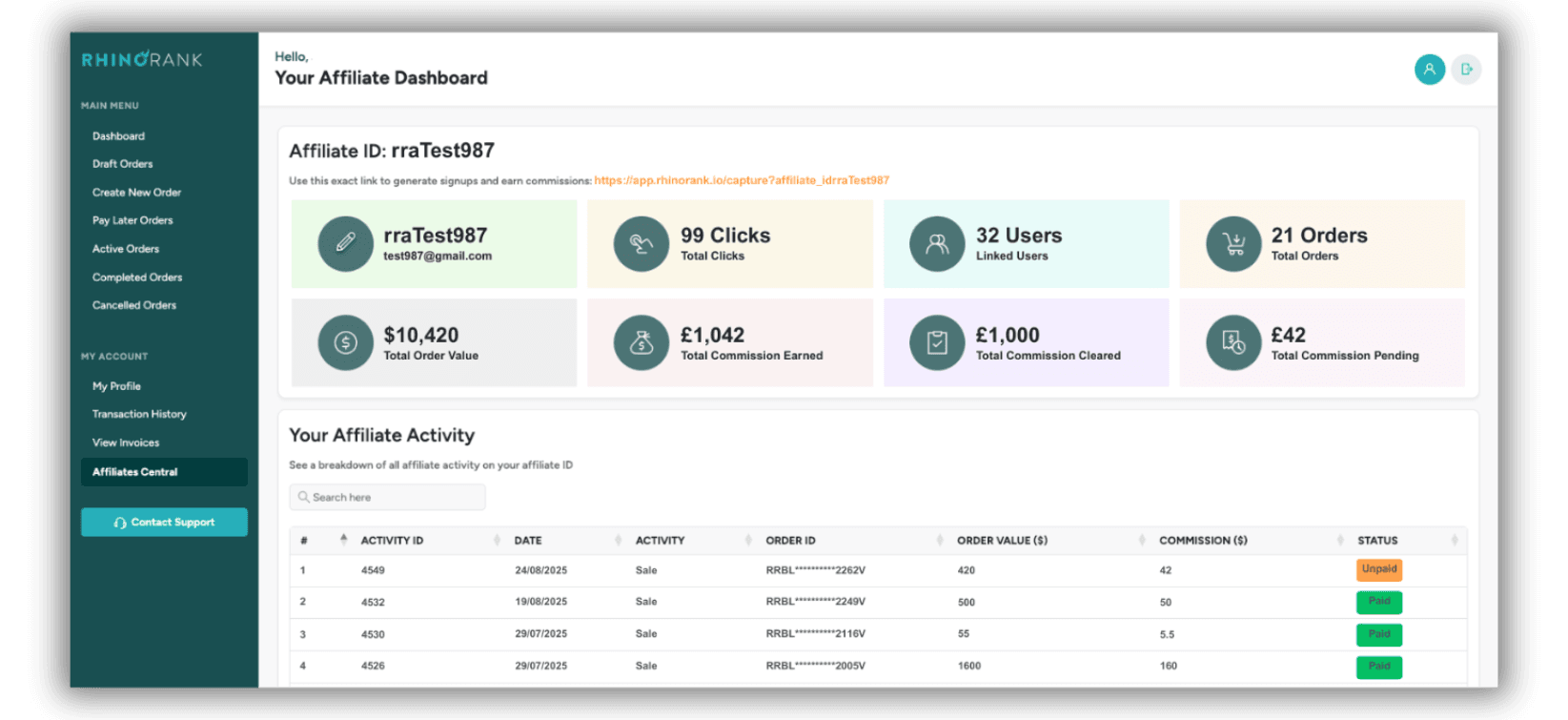 SEO Affiliate - Client Dashboard