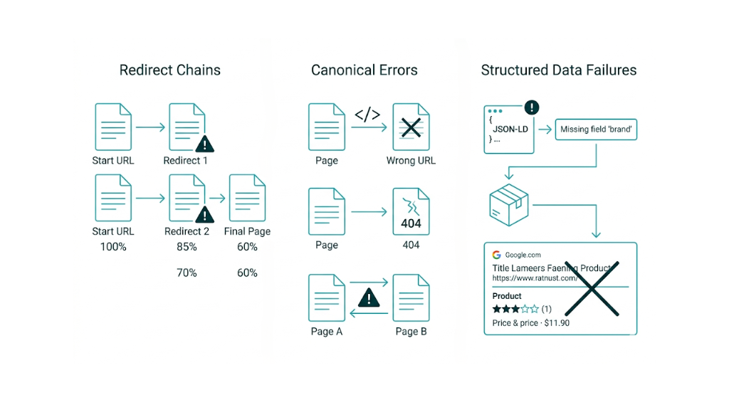 How to Present Redirect Chains, Canonical Errors, and Structured Data Failures