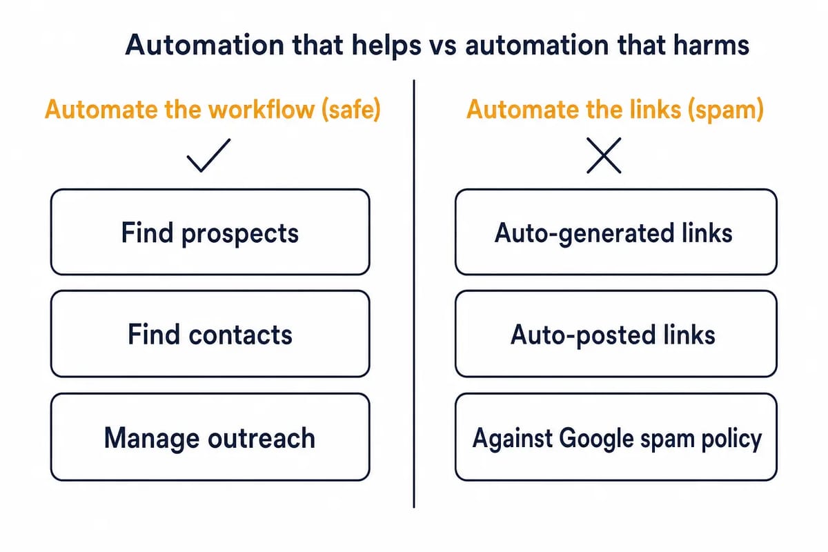 Two-panel comparison of safe workflow automation versus spammy auto-generated links in automated link building.