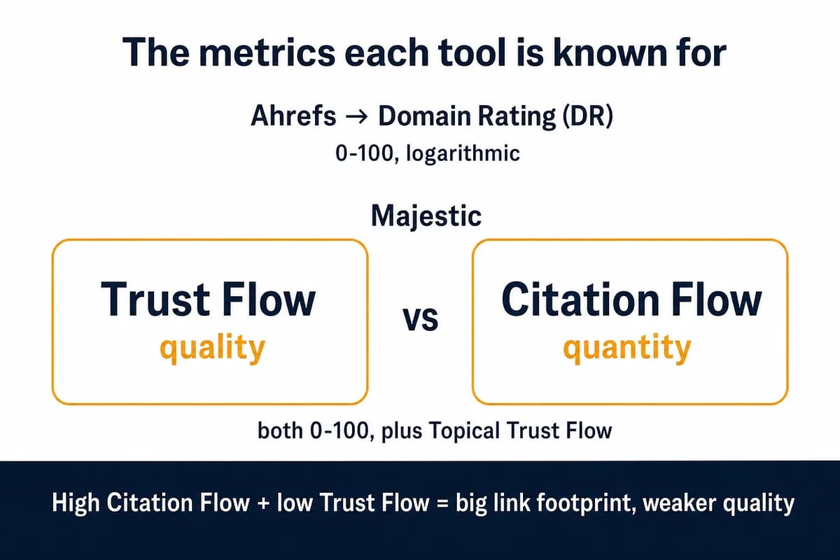 Metrics card contrasting Majestic Trust Flow (quality) with Citation Flow (quantity), plus Ahrefs DR.