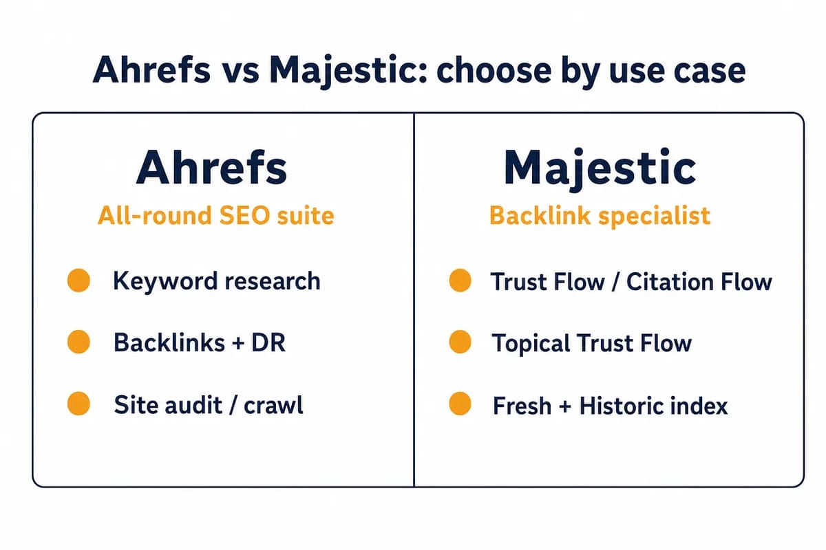 Two-column card: Ahrefs for all-round SEO work, Majestic for specialist backlink analysis.