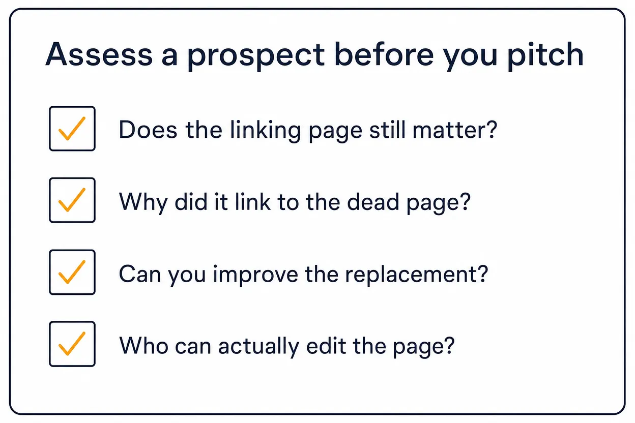 Checklist card of four questions to assess a broken-link prospect before you pitch.