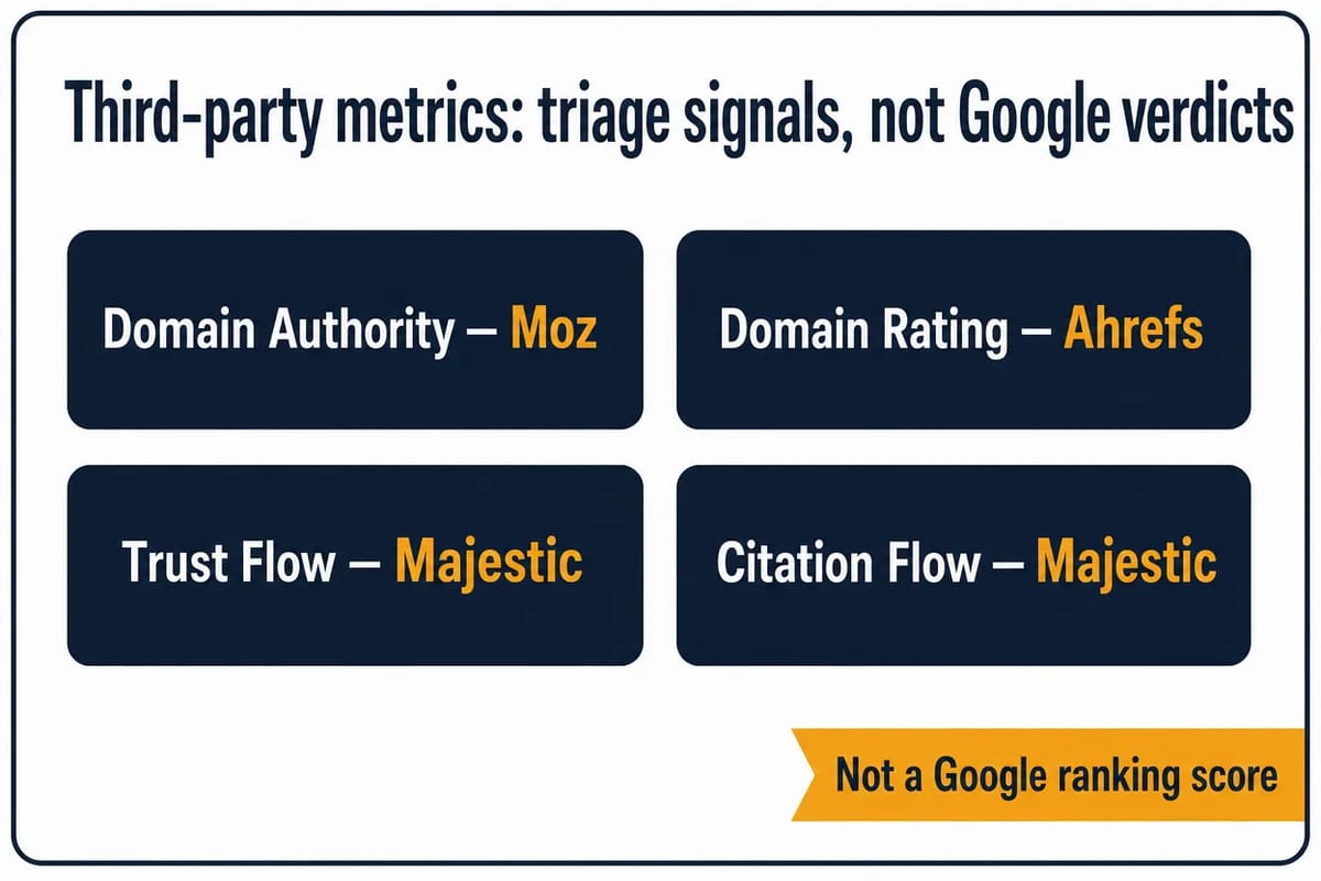 Third-party backlink metrics as triage signals, not Google verdicts: Domain Authority from Moz, Domain Rating from Ahrefs, and Trust Flow and Citation Flow from Majestic.