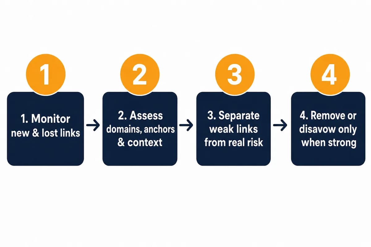 A four-step backlink management workflow: monitor new and lost links, assess domains and anchors, separate weak links from real risk, then remove or disavow only when the case is strong.