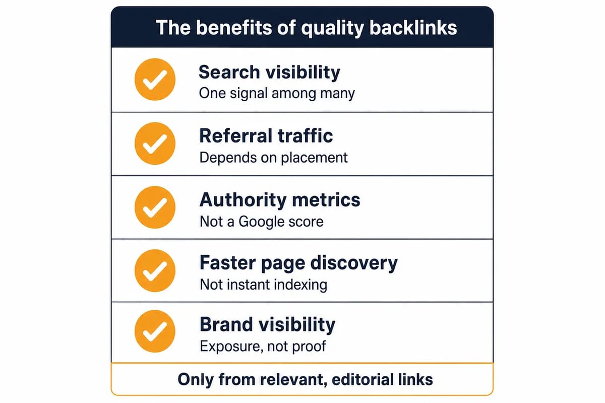 Card listing the benefits of quality backlinks, each caveated: search visibility, referral traffic, authority, discovery.