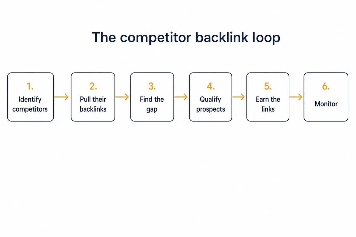 Diagram of the competitor backlink loop: identify, pull backlinks, find the gap, qualify, earn links, monitor.