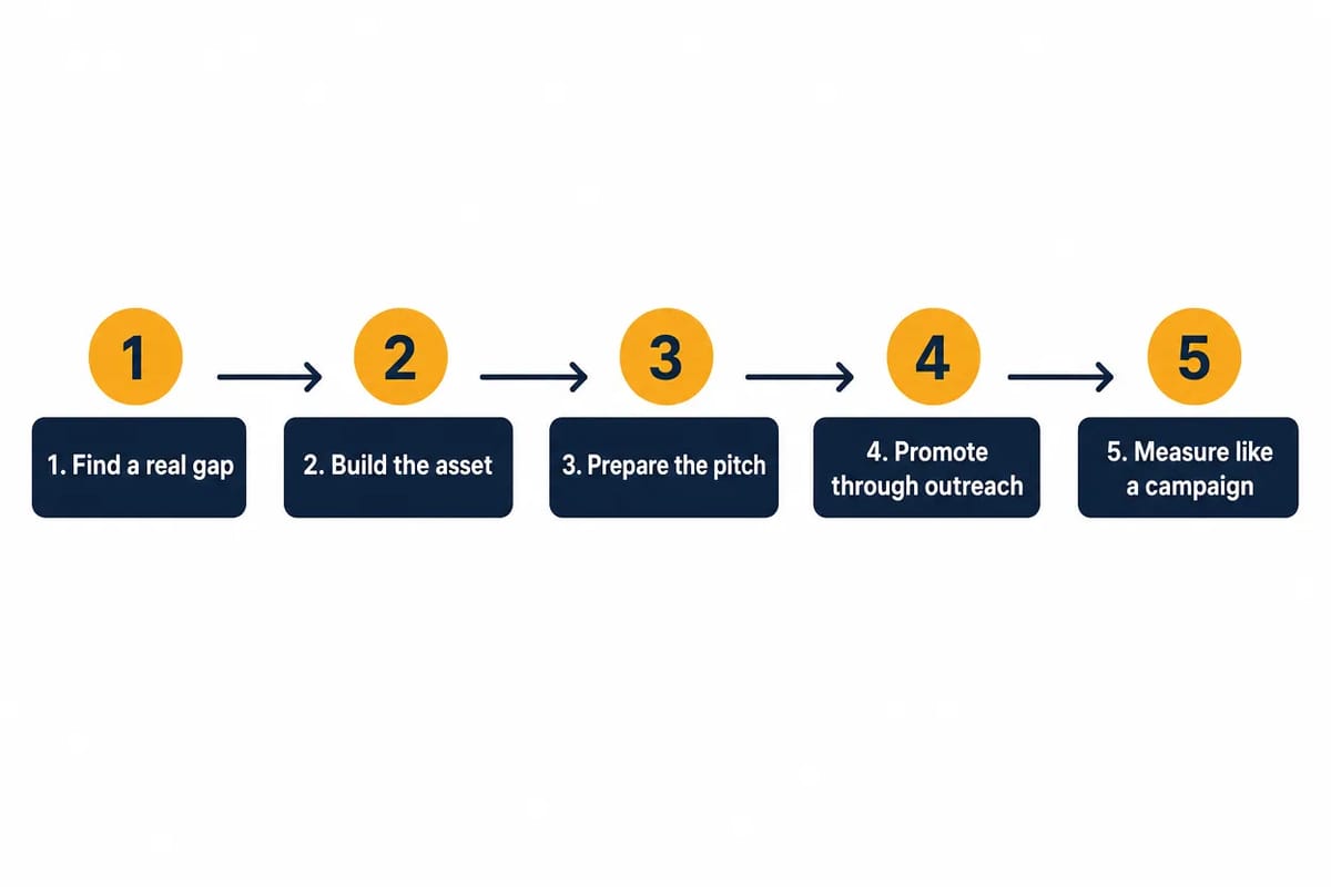 A simple linkable asset workflow: find a real gap, build the asset, prepare the pitch, promote through outreach, then measure like a campaign.