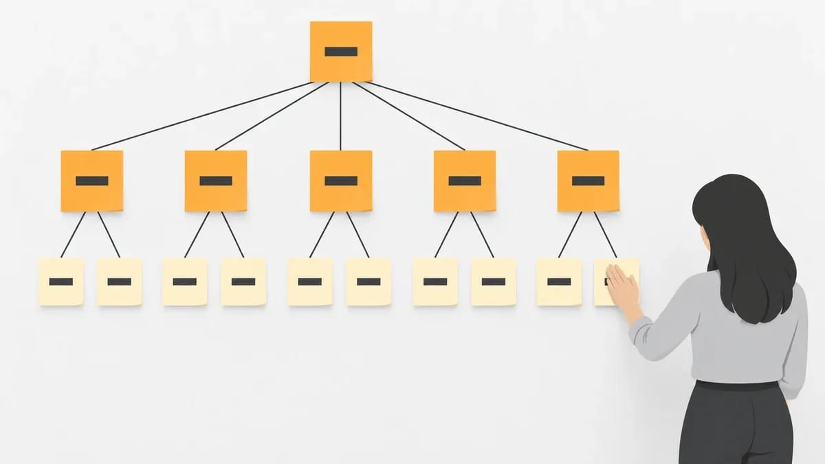 A wall of sticky notes arranged as a tree, one at the top, five beneath and two under each, joined by lines, with a person pressing the last note into place