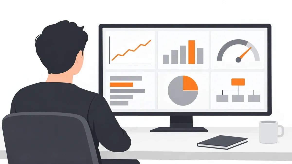 A person seen from behind at a desk looking at a wide monitor showing six plain chart panels: a line chart, a bar chart, a gauge, horizontal bars, a pie chart and a tree of boxes, with a notebook and mug on the desk