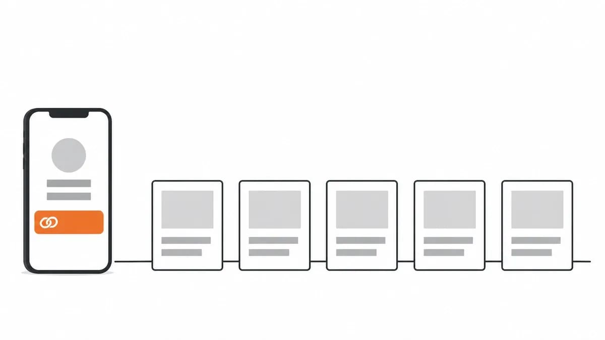 A phone showing a profile screen with one orange link field beside a row of five plain cards each with a picture block and two bars
