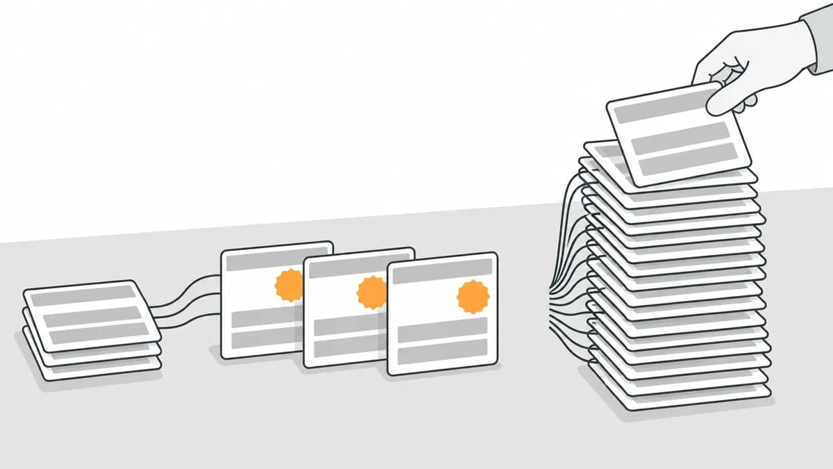 Two stacks of plain website tiles on a desk: a short row of three tiles with orange seal emblems joined by thin lines to a small stack on the left, and a tall pile of plain tiles with many thin lines running between them on the right, with a hand placing one more tile on the tall pile