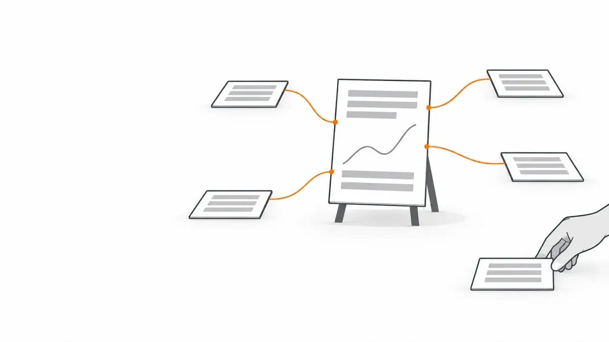 A document with a line chart standing on a small easel, with four smaller documents around it each joined to it by a thin orange line, and a hand setting down a fifth document that has no line