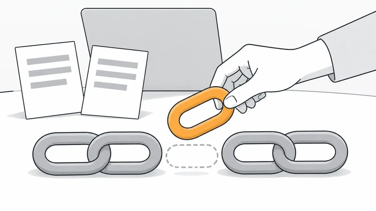 A chain with one link missing and a hand setting a new link into the gap