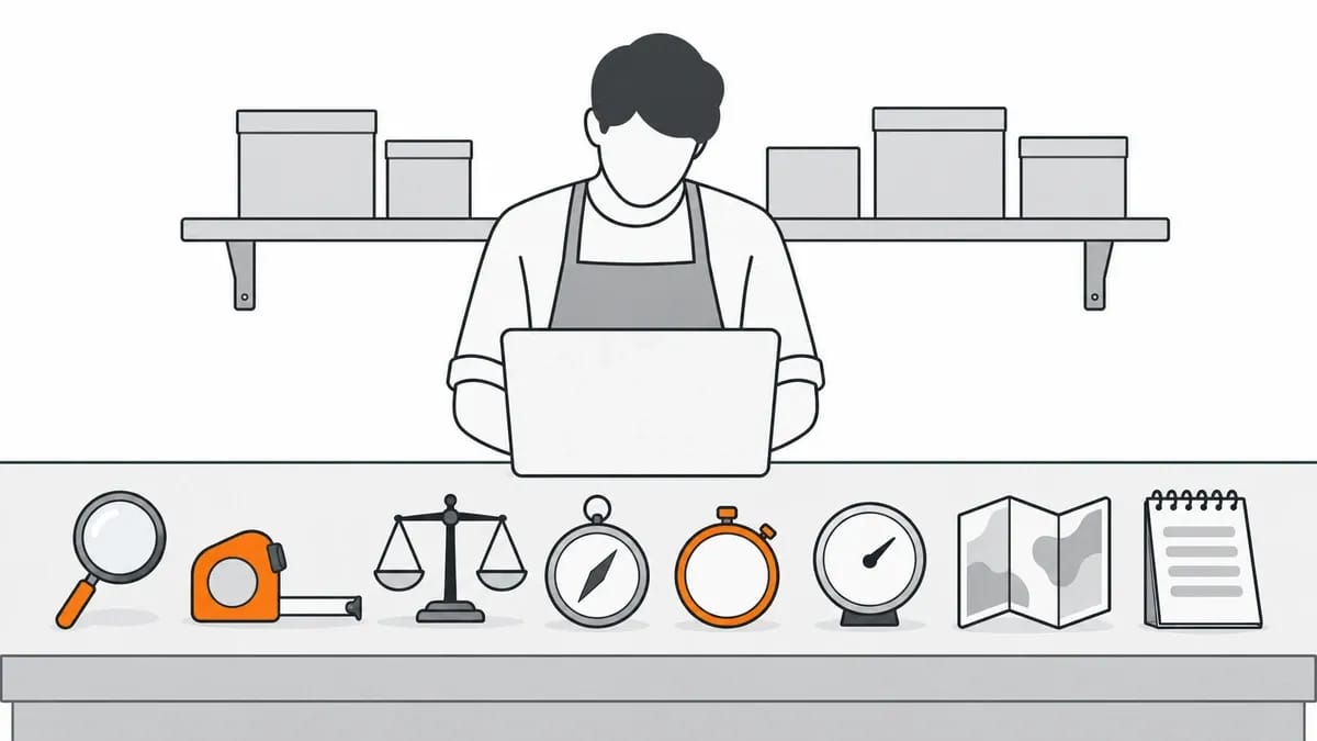 A person in an apron behind a shop counter looking at a laptop, with a magnifying glass, tape measure, scales, compass, stopwatch, gauge, folded map and notepad in a row on the counter and boxes on a shelf behind