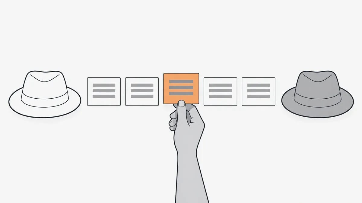 A white hat on the left and a grey hat on the right with five plain cards in a row between them, and a hand holding the middle card, which is orange