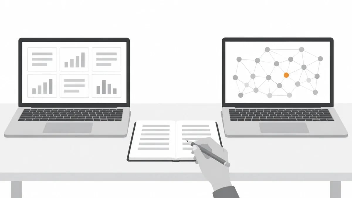 Two laptops on a desk, one showing a grid of six small report panels and the other a web of linked nodes with one orange node, with a hand writing in a notebook between them