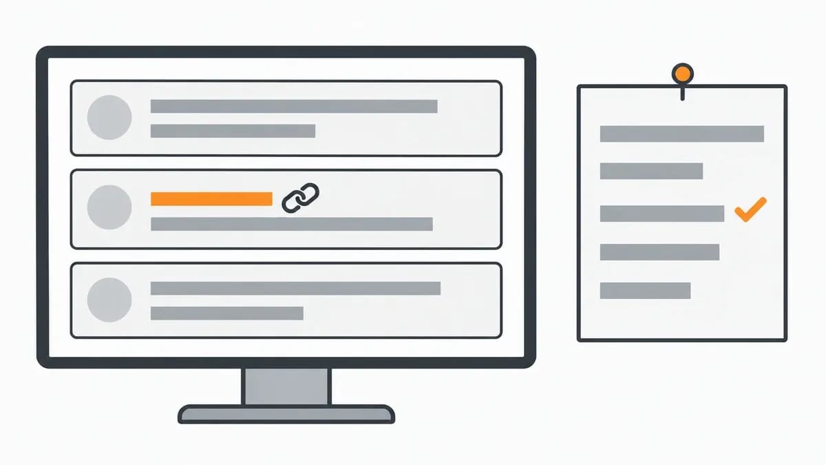 A discussion thread on a monitor with a link in the middle reply, beside a pinned rules sheet with one line ticked