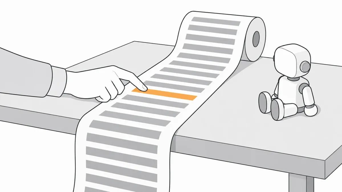 A hand pointing at one orange line on a long paper roll of grey bars that runs across a desk, with a small toy robot sitting beside it