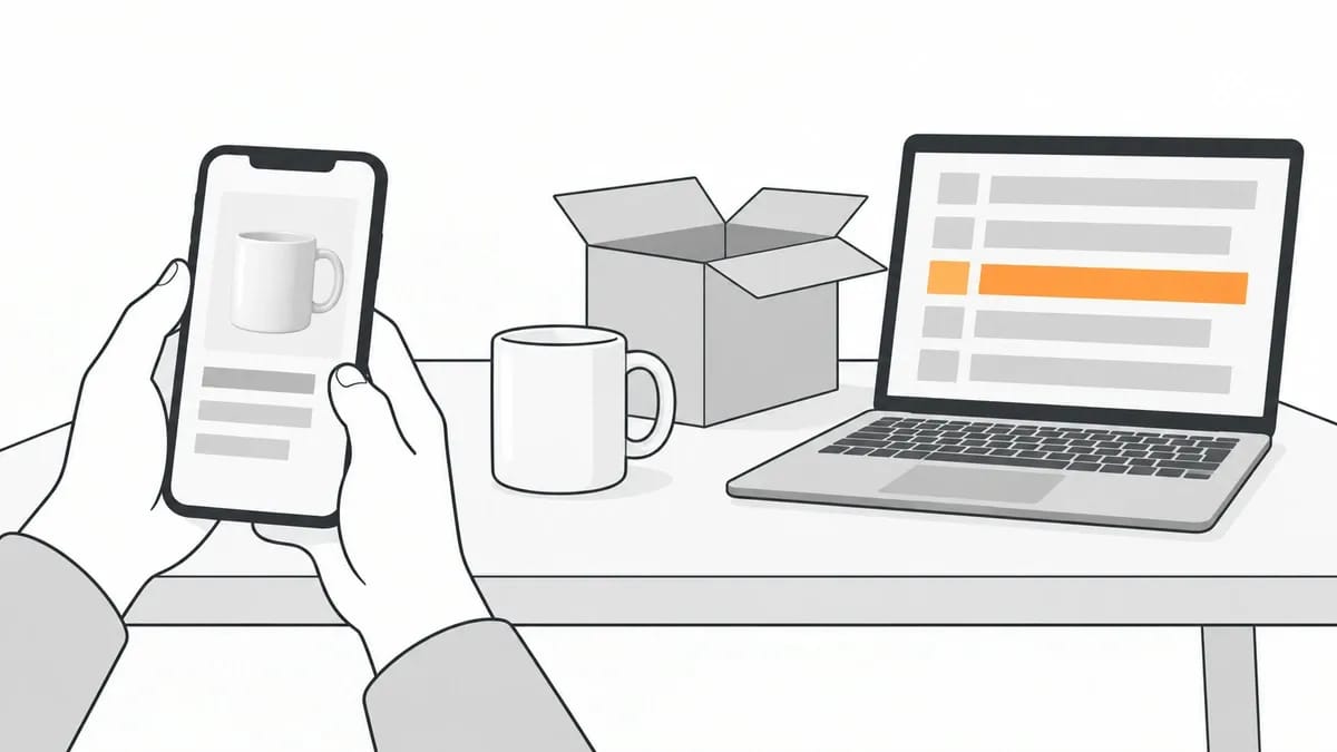 Hands holding a phone that shows a mug on a product page, beside the same mug, an open parcel and a laptop with one orange row in a list of results