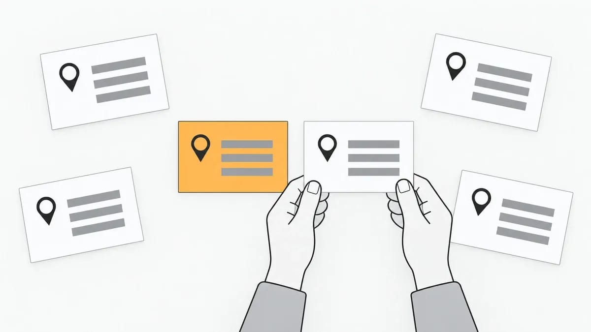 Hands holding one white listing card beside an orange card on a counter, with four more white cards around them, each showing a map pin and grey lines