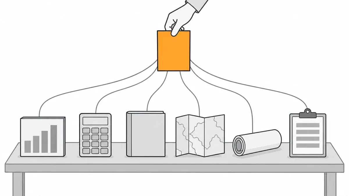 A chart block, a calculator, a book, a map, a rolled poster and a clipboard on a workbench, each joined by a thread to one orange page held above them