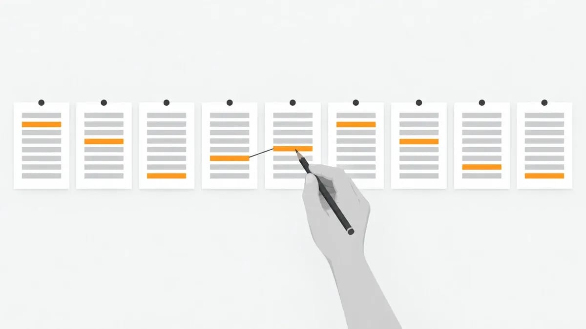Nine printed pages pinned in a row, each with a different line highlighted in orange, and a hand drawing a pencil line between two of the highlights