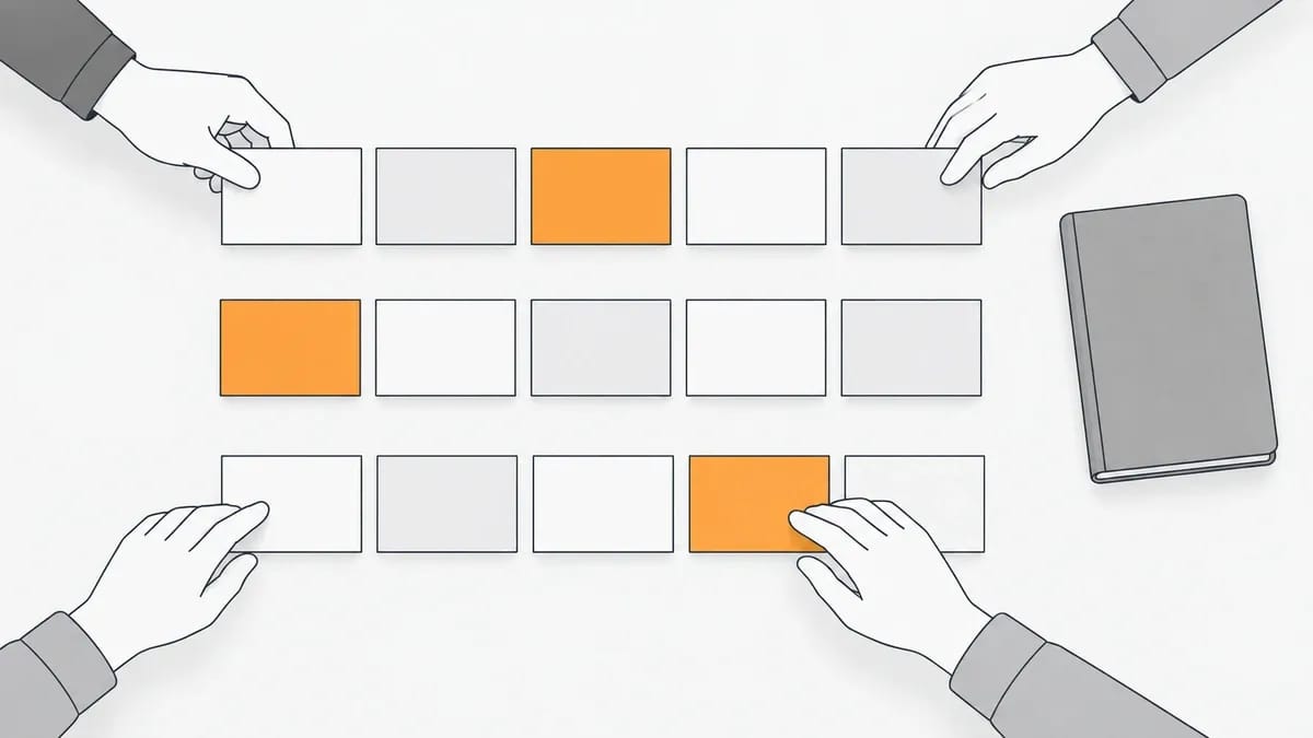 Four hands sorting blank index cards into three rows on a desk beside a closed notebook, with one orange card in each row