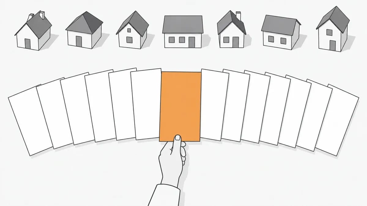 A row of model houses above a fan of fourteen blank sheets, with a hand sliding out the one orange sheet