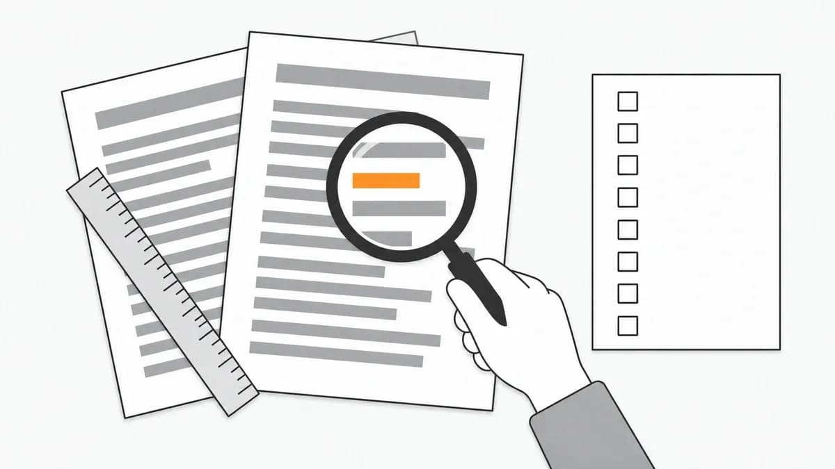 A hand holding a magnifier over one orange line on a printed page, with a ruler across a second page and a checklist of eight empty boxes