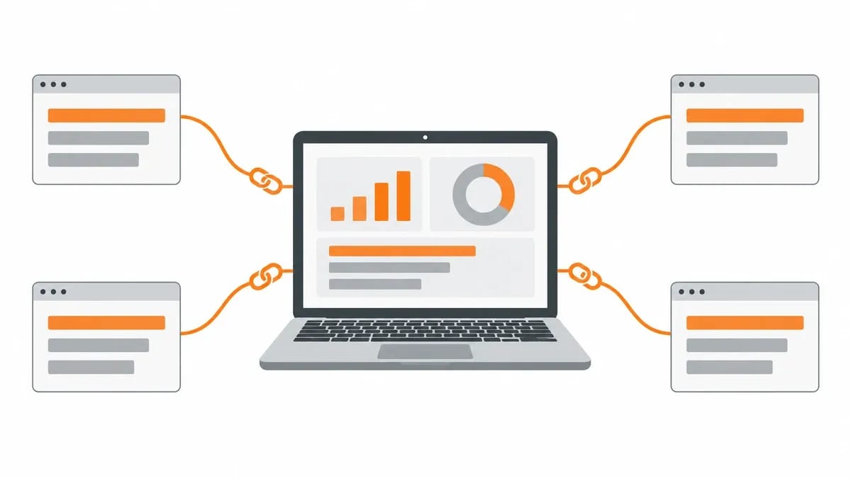A laptop showing a software dashboard, joined by curved lines to four web pages around it