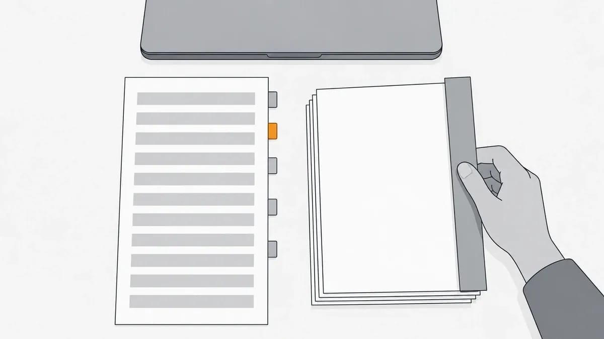 A closed laptop above a sheet of grey rows with one orange tab, and a hand holding a ruler against a stack of blank pages