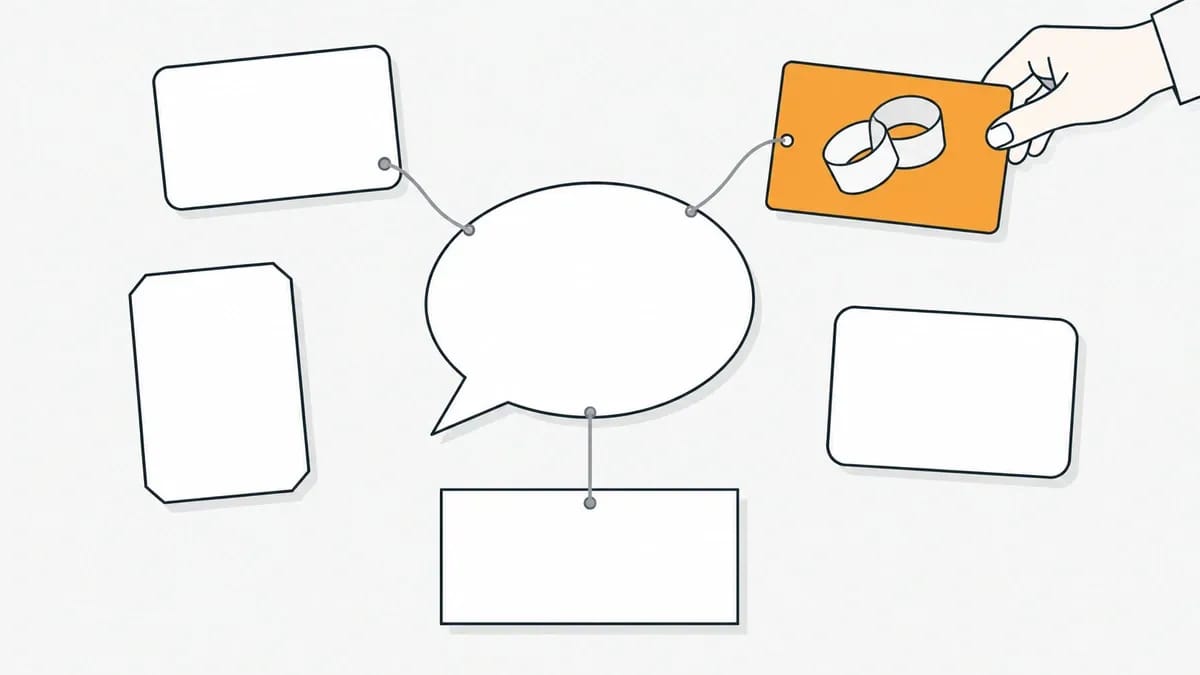 A blank speech bubble card joined by thread to three of five blank page cards, with a hand placing an orange card that carries a paper chain link
