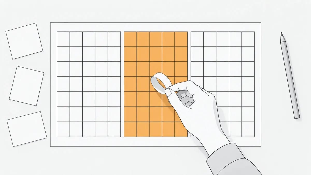 A blank calendar sheet divided into three blocks, with a hand laying a paper chain link on the middle, orange block
