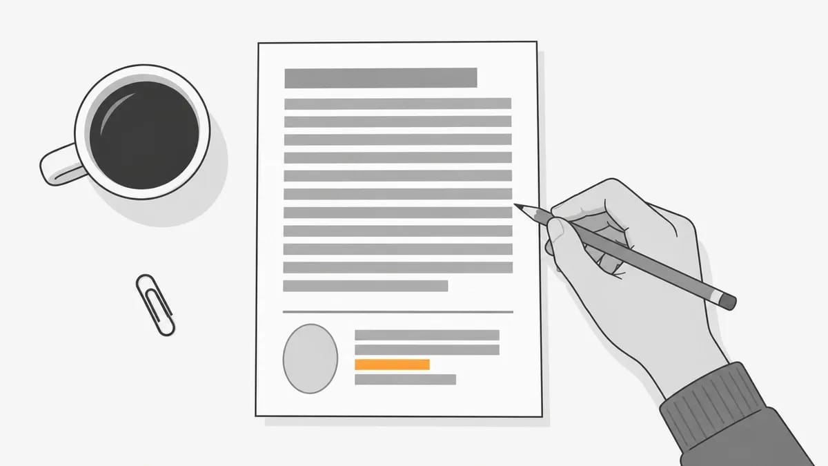 A hand holding a pencil over a printed article proof with a photo oval and an author bio block at the foot, one line of it orange