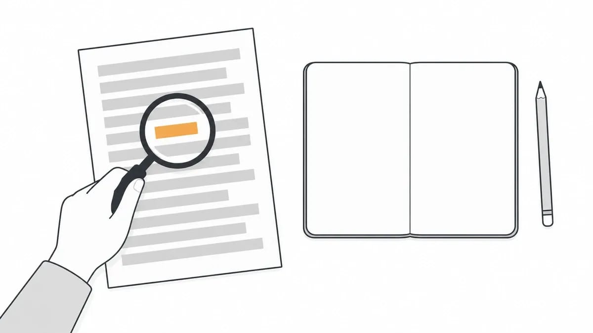A hand holding a magnifier over one orange line on a printed page, beside a two-column notebook and a pencil