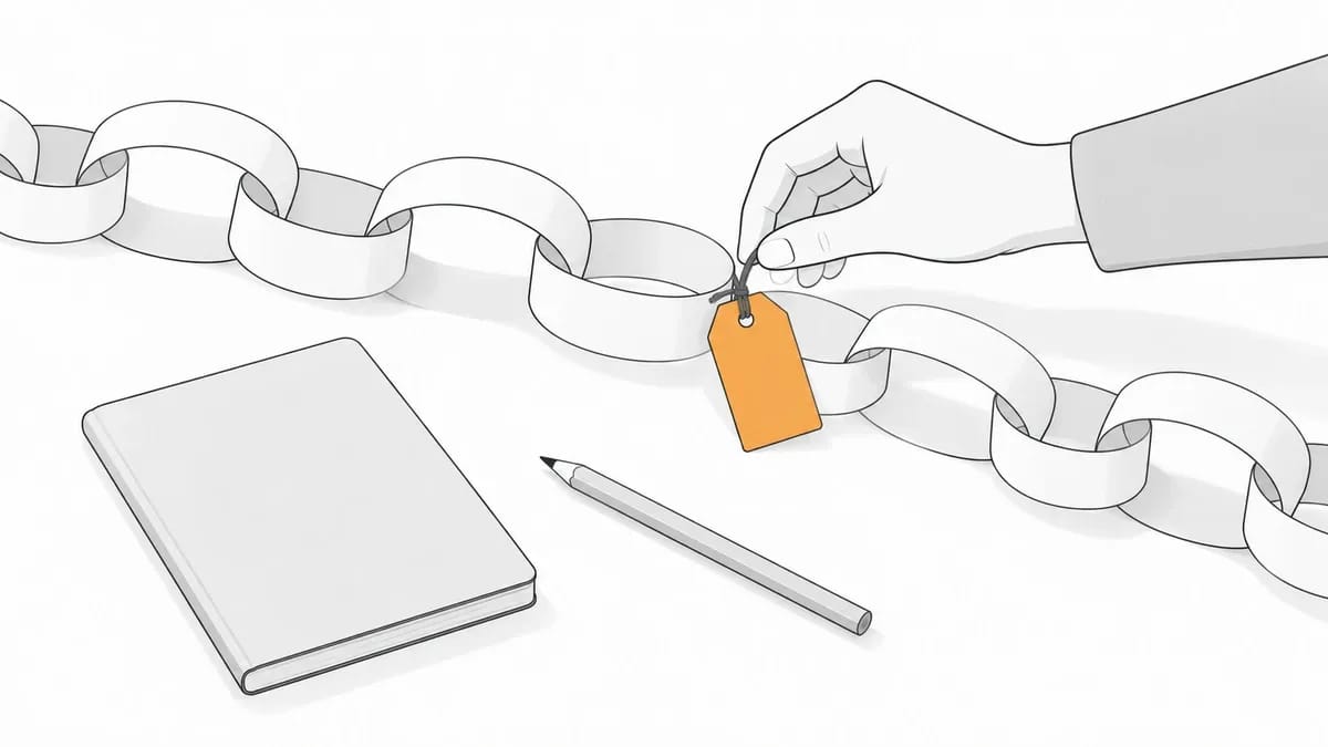 A hand tying a small orange paper tag to one loop of a paper chain on a desk, beside a notebook and pencil