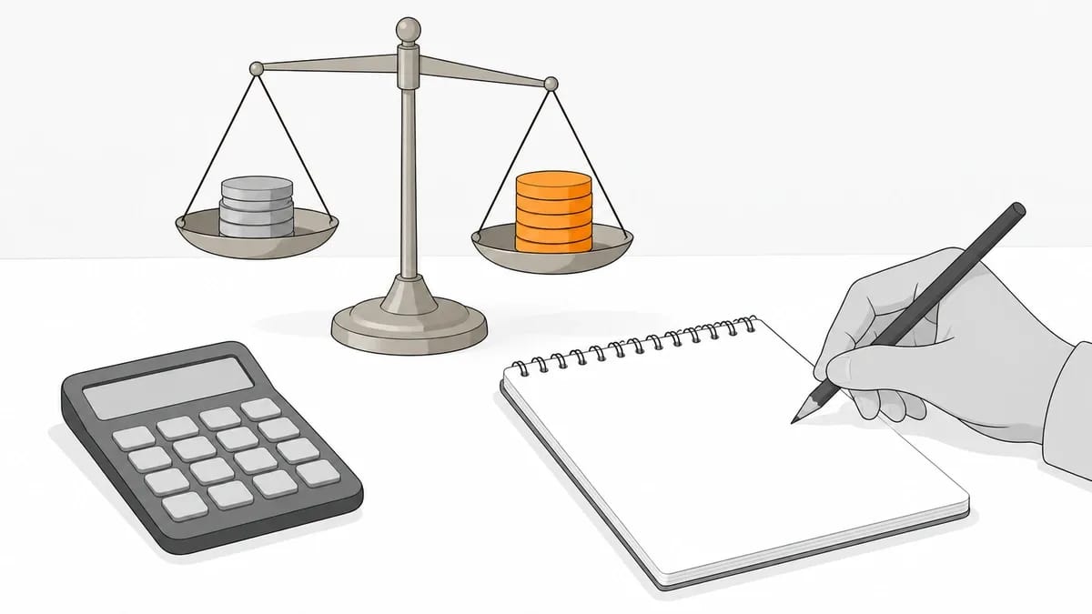 A brass balance scale weighing two stacks of coins beside a notepad, a pencil and a pocket calculator