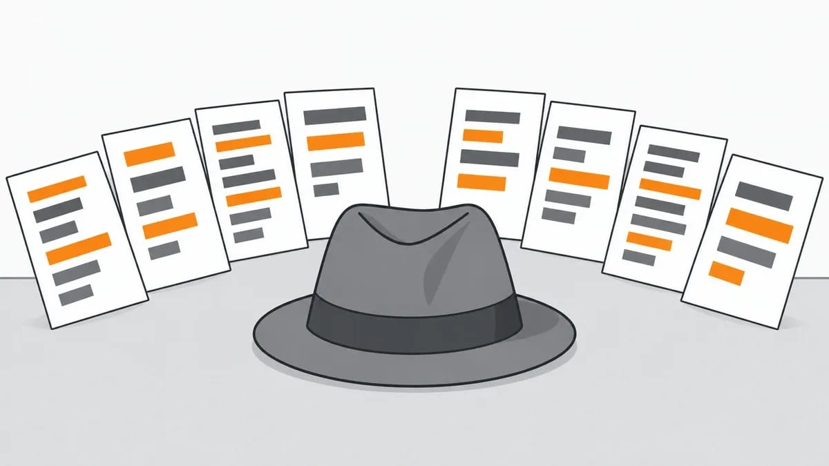 A grey hat on a desk surrounded by eight sheets of paper, each showing a different list
