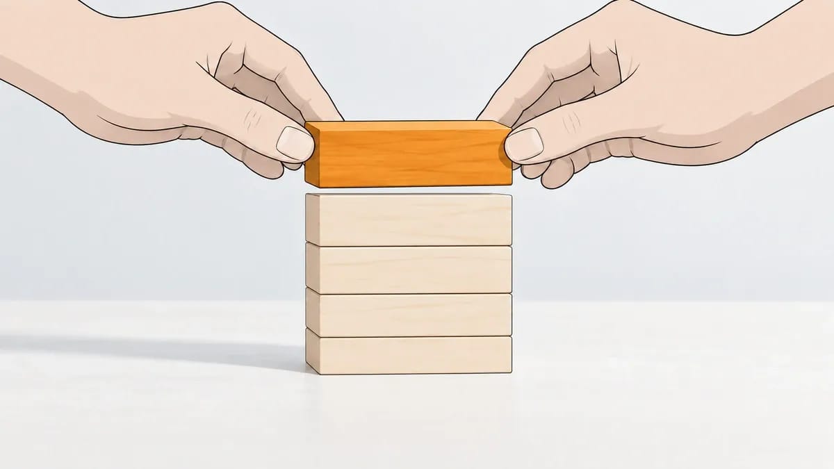 Two hands placing a wooden block on top of a stack of four
