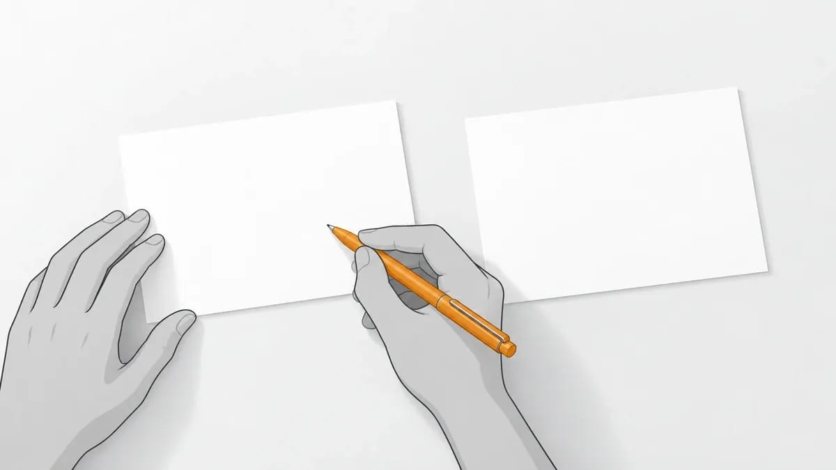 Hands holding a pen over a blank card on a desk