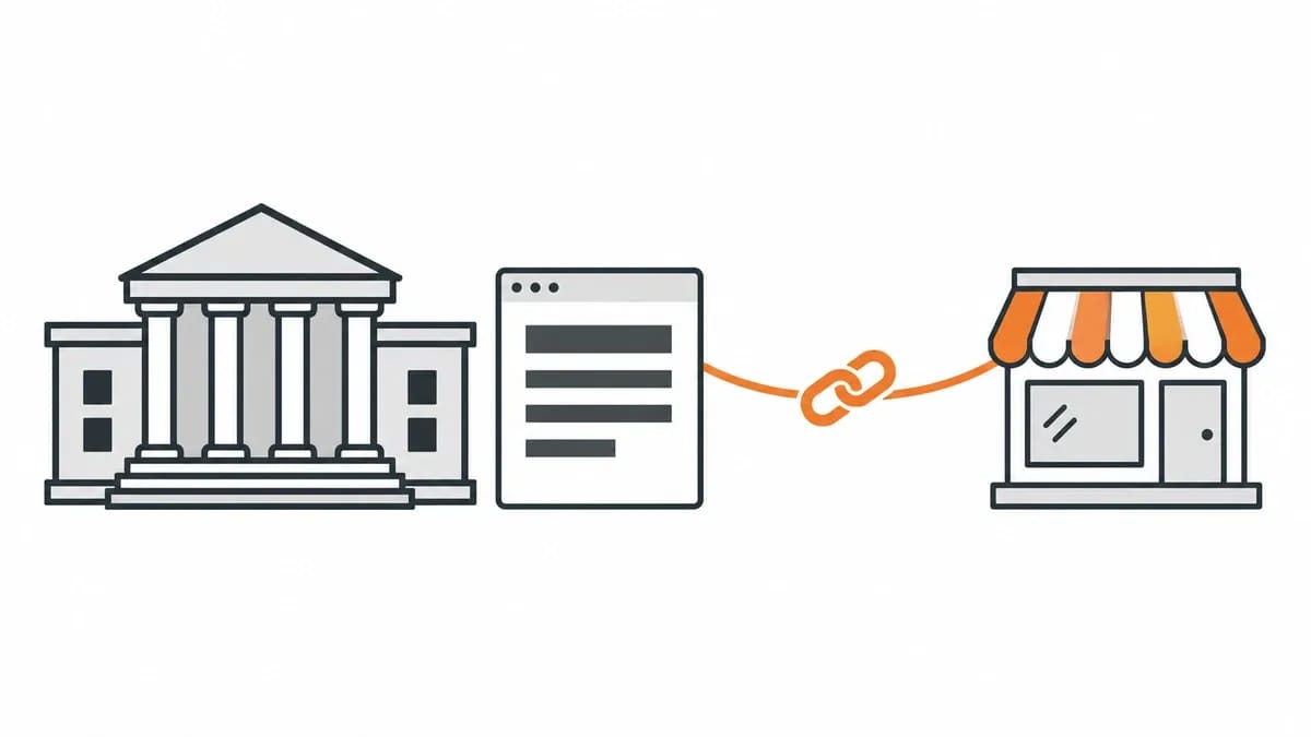 A university building and a small shop joined by a curved line with a chain-link icon
