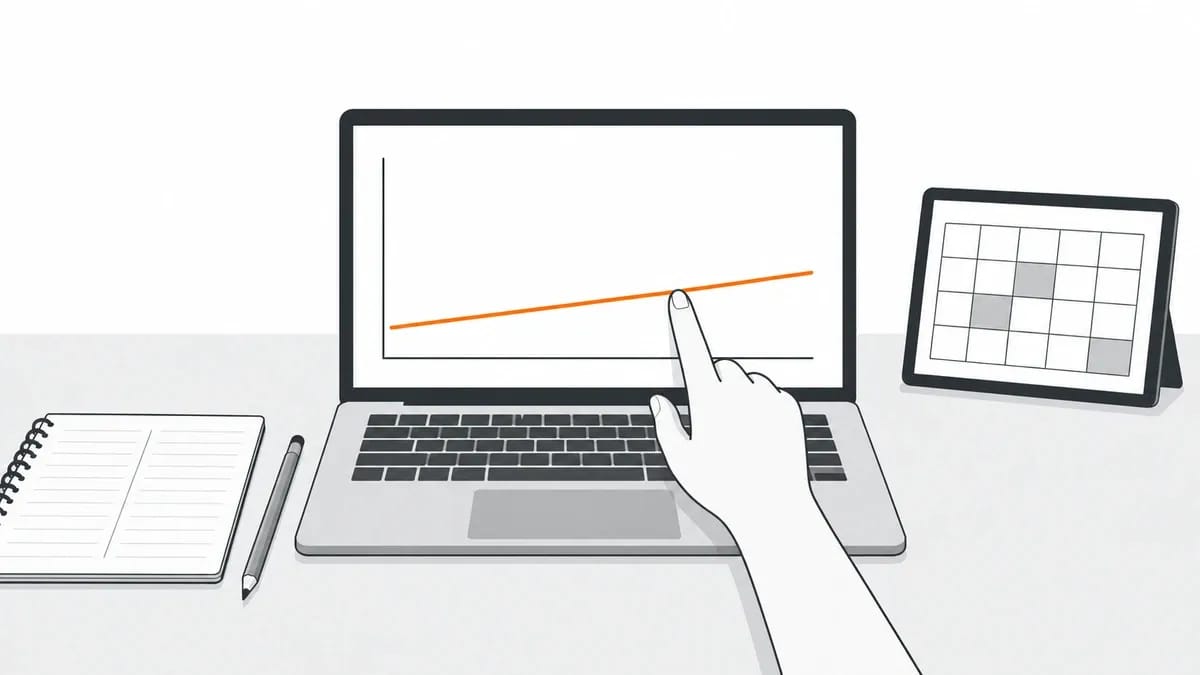 A hand tracing a rising line on a laptop beside a tablet showing a calendar grid