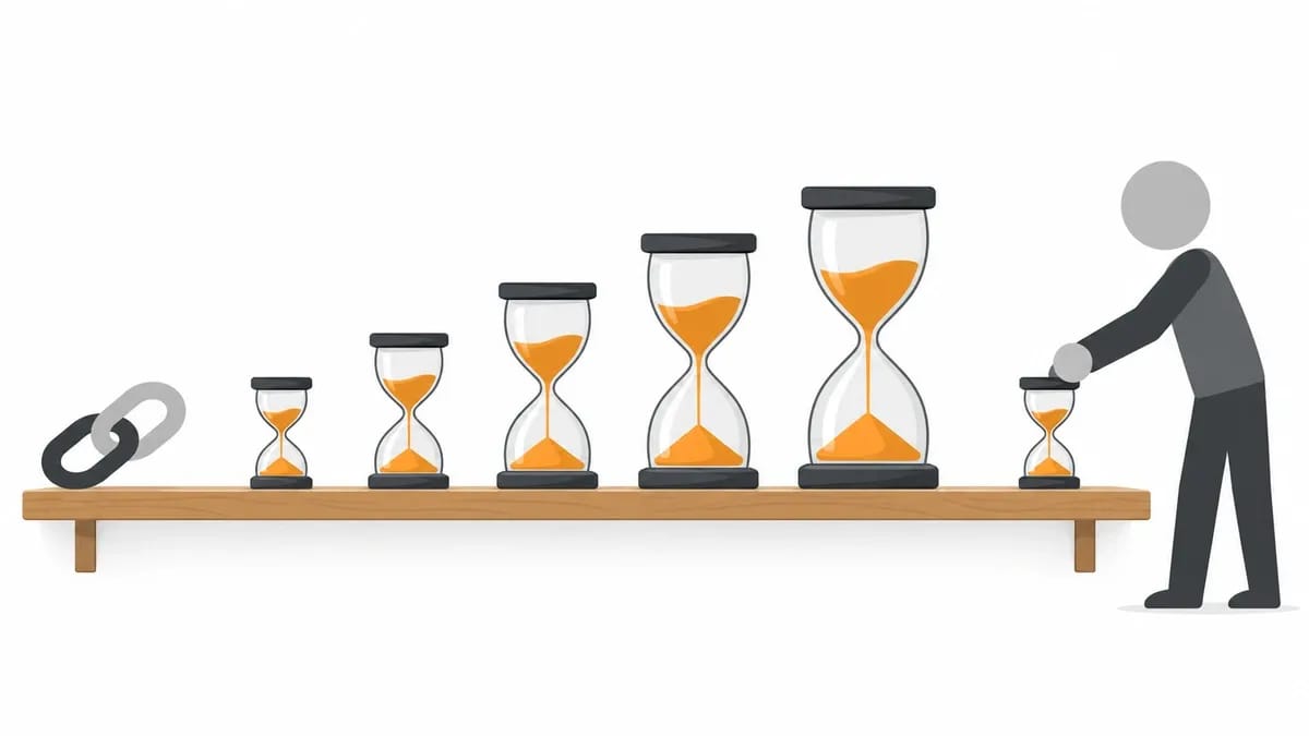 A shelf holding six sand timers of different sizes beside a chain link, with a person placing the smallest one