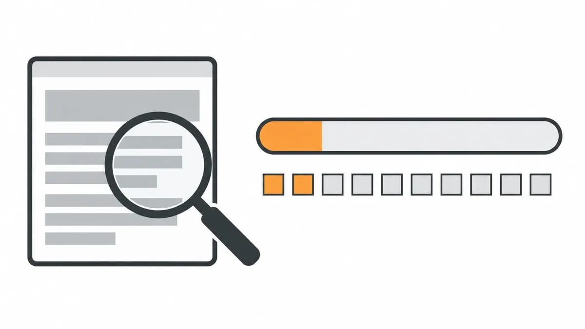 A magnifying glass over a web page beside a meter bar filled to about one fifth and a row of small tiles