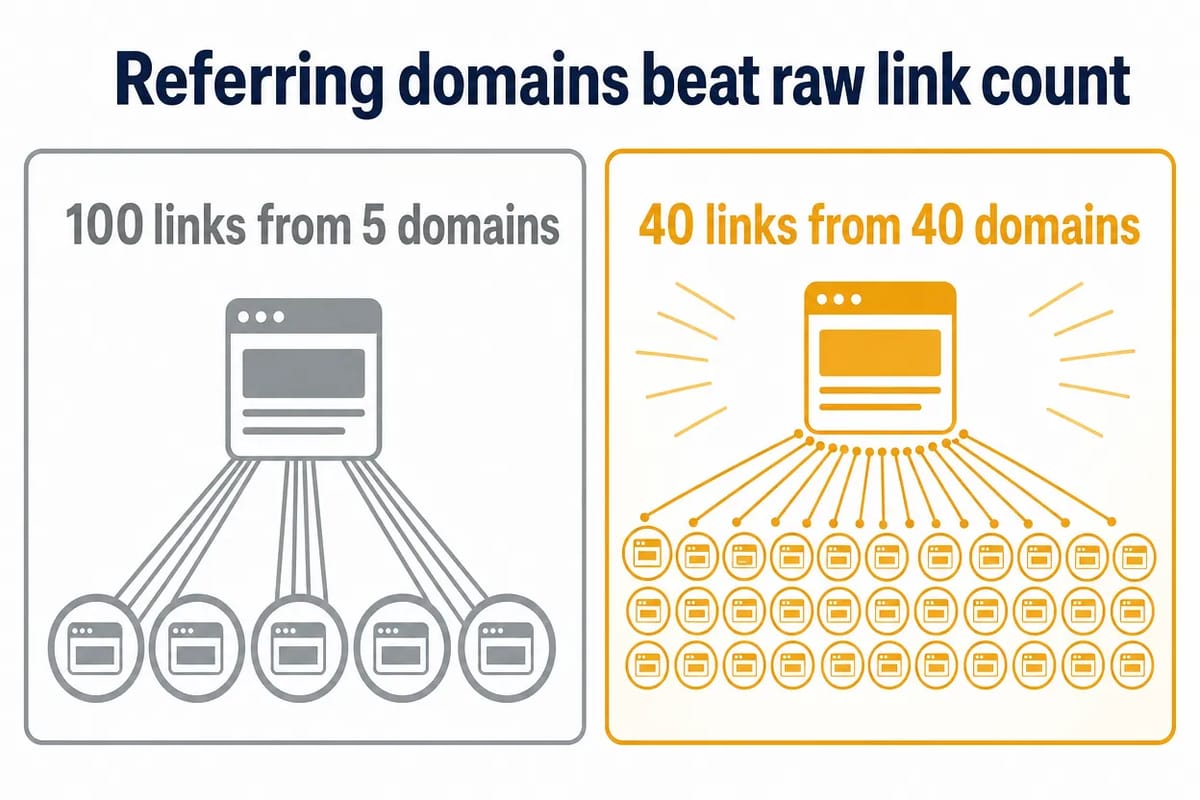 Referring domains matter more than total backlinks: many links from a few domains is weaker than fewer links spread across many distinct relevant domains.