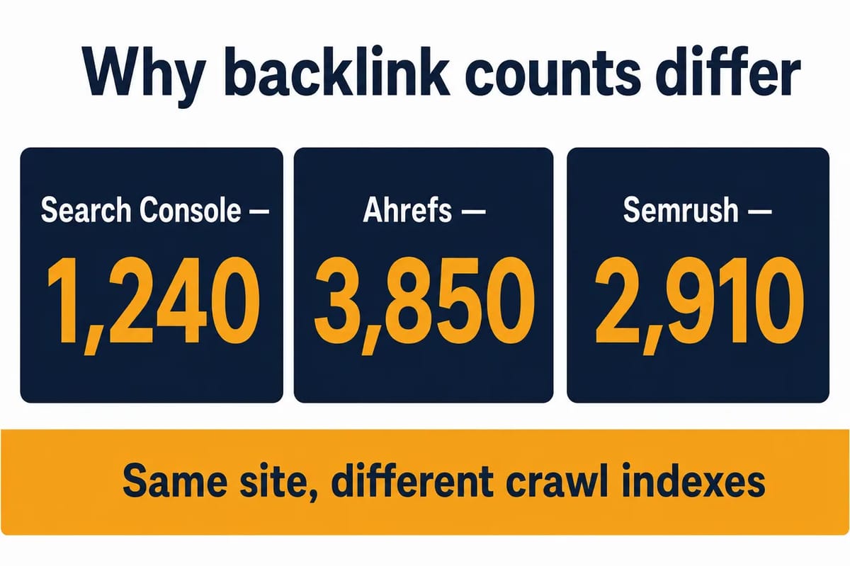 Why backlink counts differ between tools: the same site shows different totals in Search Console, Ahrefs and Semrush because each crawls and indexes the web differently.