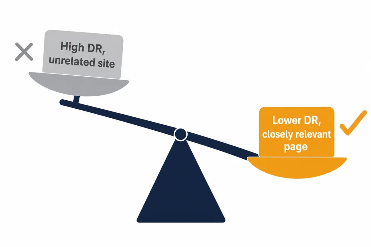 Relevance beats metrics: a high-DR link from an unrelated site outweighed by a lower-DR link from a closely relevant page.