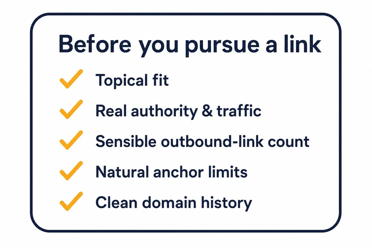 A pre-pursuit backlink quality checklist: topical fit, real authority and traffic, a sensible outbound-link count, natural anchor limits, and a clean domain history.