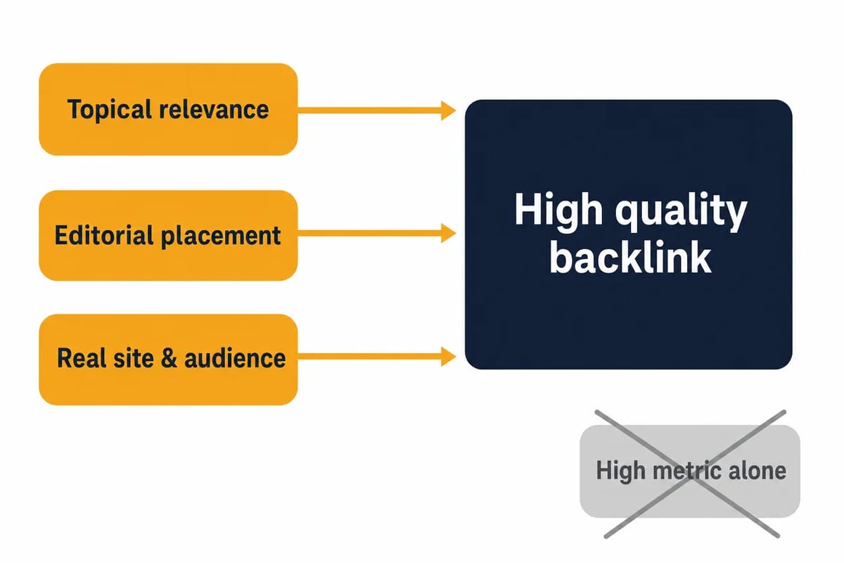 What makes a backlink high quality: topical relevance, genuine editorial placement, and a real site with a real audience, rather than a high metric alone.