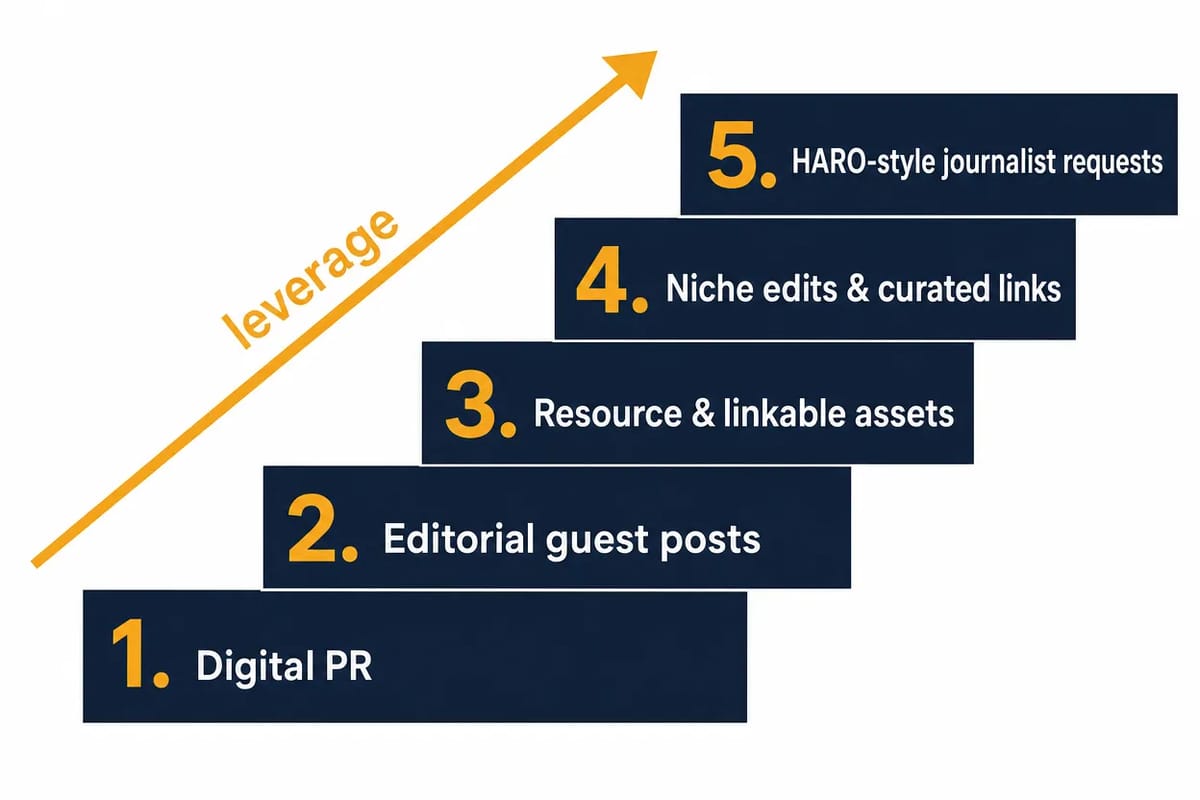 Five ways to earn high quality backlinks ordered by leverage: digital PR, editorial guest posts, resource and linkable assets, niche edits and curated links, then HARO-style journalist requests.